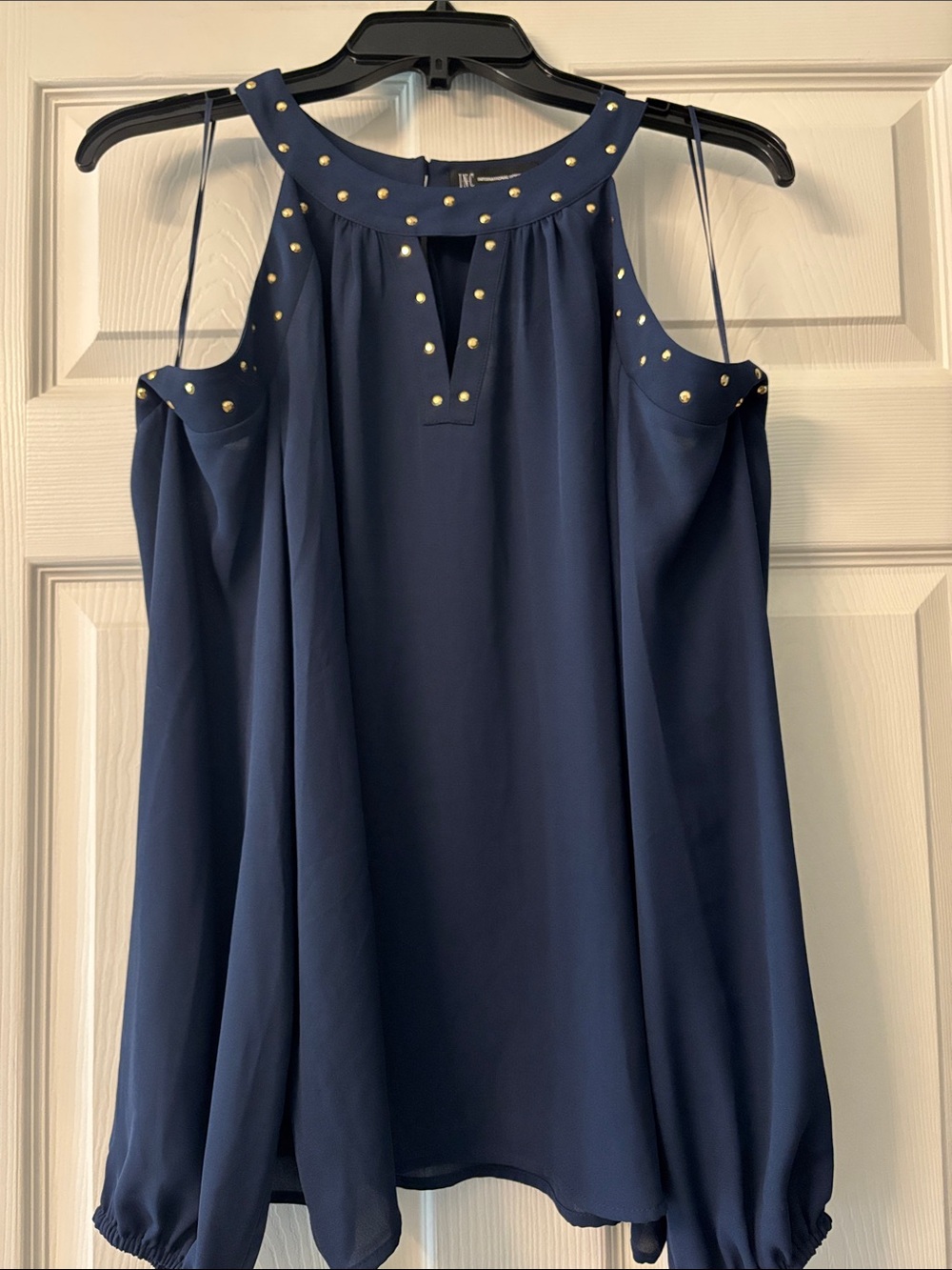 INC International Concepts Navy Cold-Shoulder Top with Gold Studs